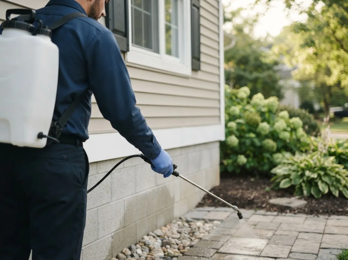 Pest control technician inspecting a home in Ludell, KS